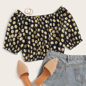Shein - Plus daisy floral crop blouse