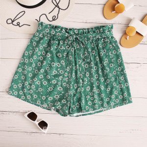 Shein - Plus ditsy floral & polka dot paperbag belted shorts