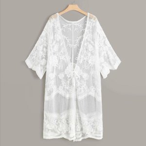 Shein - Plus embroidery mesh tie front sheer kimono