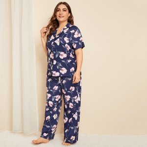 Plus Floral Button Front Pajama Set