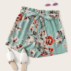 Shein - Plus floral paperbag waist belted shorts