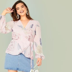 Plus Floral Pleated Sleeve Wrap Knotted Blouse