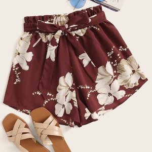 Plus Floral Print Belted Wide Leg Shorts