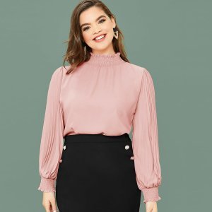 Shein - Plus frill trim shirred neck pleated sleeve top