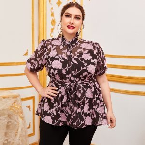 Plus Jacquard Flower Applique Belted Sheer Blouse Without Camisole