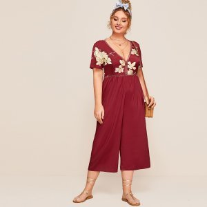Shein - Plus lace insert floral print cropped jumpsuit