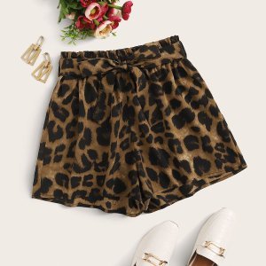 Plus Leopard Print Belted Shorts