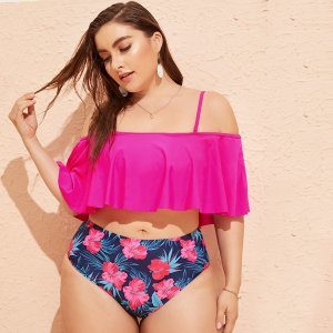 Shein - Plus neon pink flounce bikini set