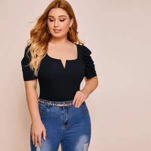 Shein - Plus notched neckline puff sleeve fitted tee