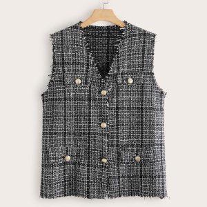 Shein - Plus raw edge buttoned tweed vest