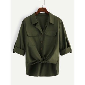 Shein - Plus rolled cuff pocket blouse