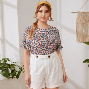 Plus Ruffle Cuff Ditsy Floral Top