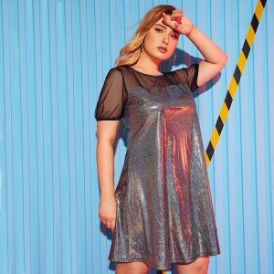 Shein - Plus sheer mesh yoke metallic dress