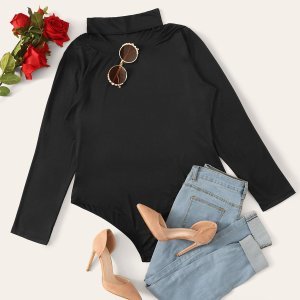 Shein - Plus solid mock neck fitted bodysuit