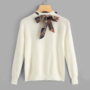 Shein - Plus solid tie neck sweater