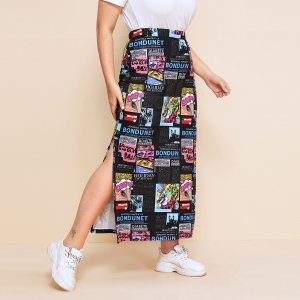 Plus Split Side Pop Art Print Skirt