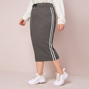 Plus Striped Tape Side Rib-knit Pencil Skirt