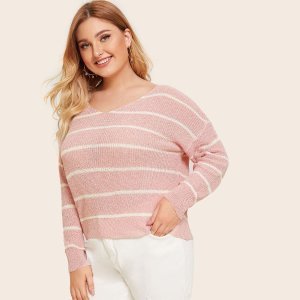 Shein - Plus striped v-neck sweater