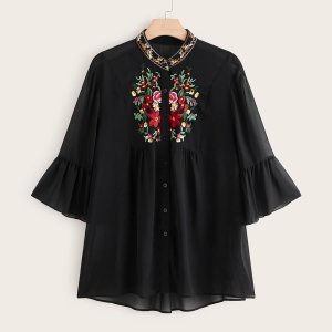 Shein - Plus tribal embroidery flounce sleeve blouse