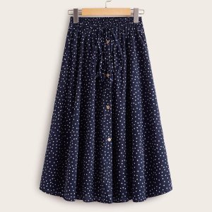 Polka Dot Button Front Drawstring Waist Skirt