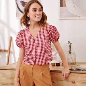 Puff Sleeve Button Front Gingham Blouse
