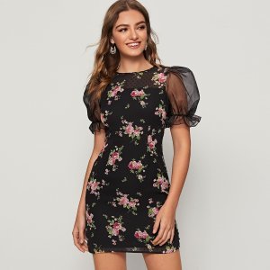 Puff Sleeve Dobby Mesh Yoke Floral Fitted Dress