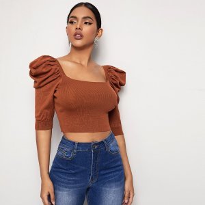 Puff Sleeve Square Neck Crop Knit Top