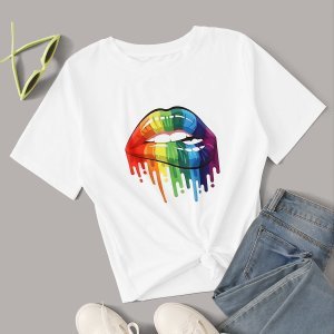 Shein - Rainbow bite lip graphic tee