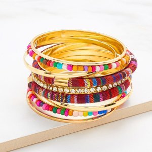 Rhinestone & Beaded Decorated Bangle Bracelet Set