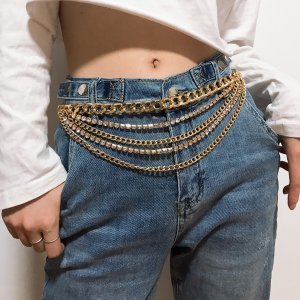 Shein - Rhinestone engraved layered waist chain belt