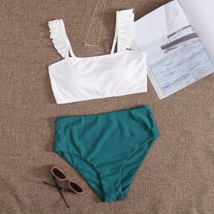 Shein - Rib ruffle high waisted bikini swimsuit