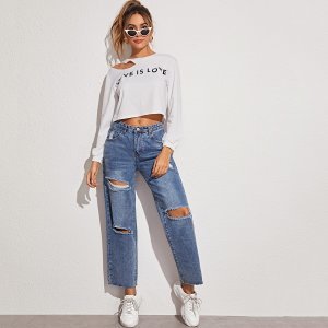 Ripped Solid Straight Boyfriend Jeans