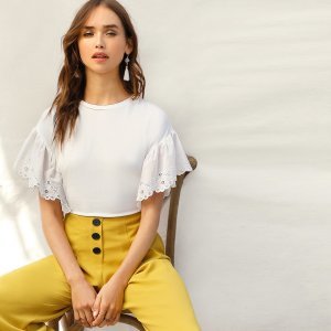 Scalloped Embroidered Eyelet Cuff Tee