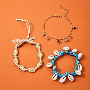 Shell & Water Drop Charm Chain Anklet 3pcs