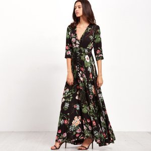 Shirred Waist Button Through Floral Maxi Dress