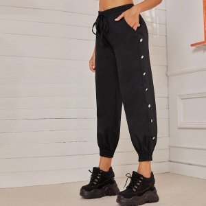 Side Button Drawstring Waist Solid Pants