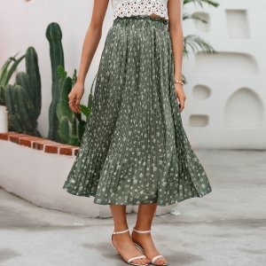 Simplee Paperbag Waist Ditsy Floral Pleated Skirt