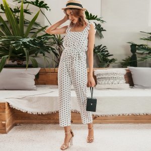 Simplee Ruffle Trim Belted Polka Dot Cropped Jumpsuit