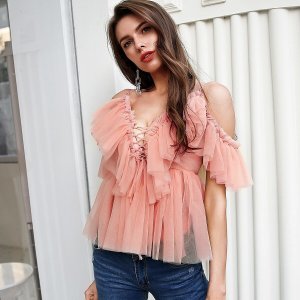 Simplee Ruffle Trim Lace Up Cold Shoulder Mesh Top
