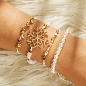 Snowflake & Faux Pearl Beaded Bracelet 4pcs