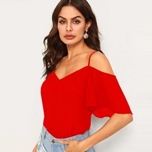 Solid Cold Shoulder Layered Sleeve Top