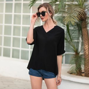 Solid Notched Neck High Low Hem Blouse