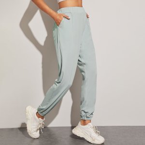 Shein - Solid slant pockets elastic waist sports pants
