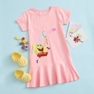 SpongeBob x SHEIN Toddler Girls Cartoon Graphic Ruffle Hem Smock Dress