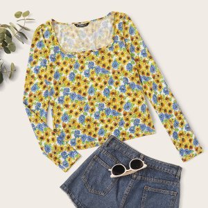 Shein - Square neck floral fitted tee