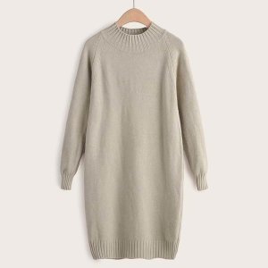 Stand Collar Raglan Sleeve Solid Sweater Dress