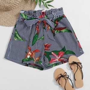 Stripe Tropical Print Paperbag Waist Shorts