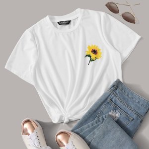 Sunflower Print Round Neck Top