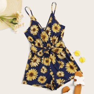 Surplice Front Belted Sunflower Print Playsuit