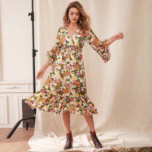 Surplice Neck Ruffle Trim Allover Floral Print Dress